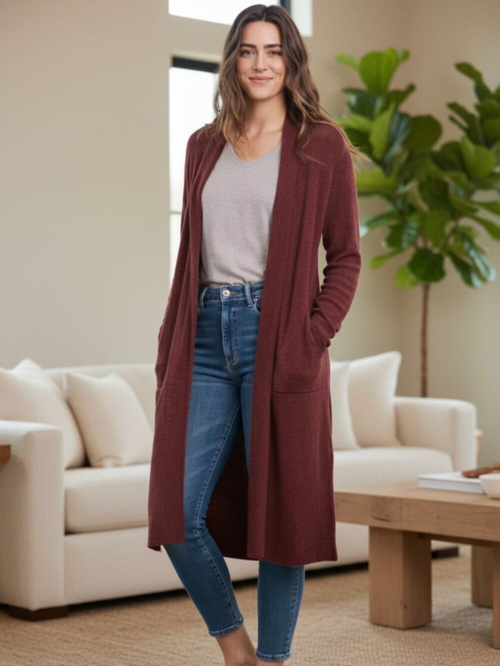 Barefoot Dreams CozyChic Lite Catalina Long Cardigan Sweater Garnet Red Small